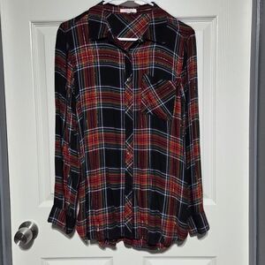 New Maurice Medium Plaid Long Shirt Festive Red N Black Holiday Christmas